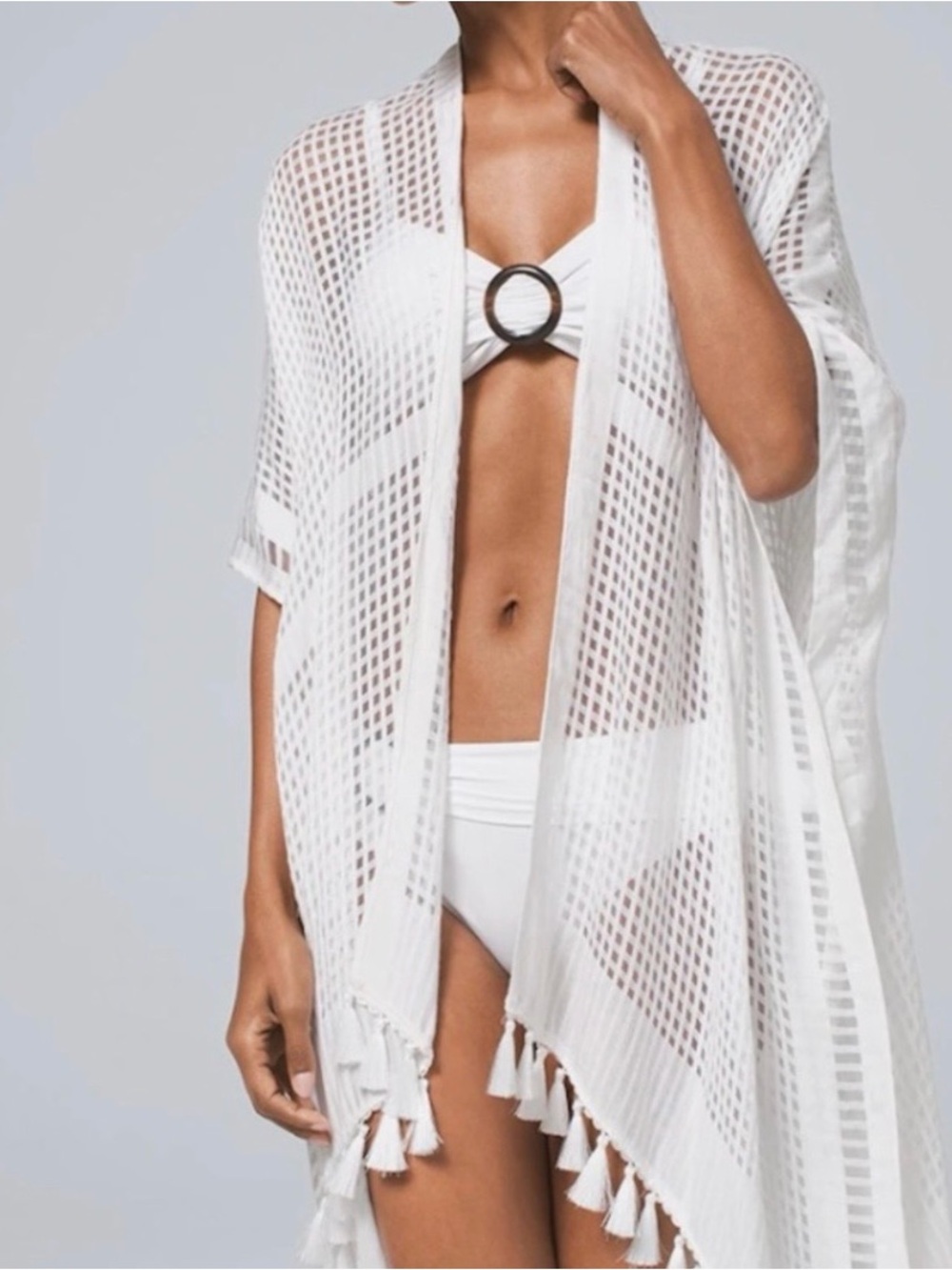 WHBM White Sheer Grid Tassel Kimono Cover Up